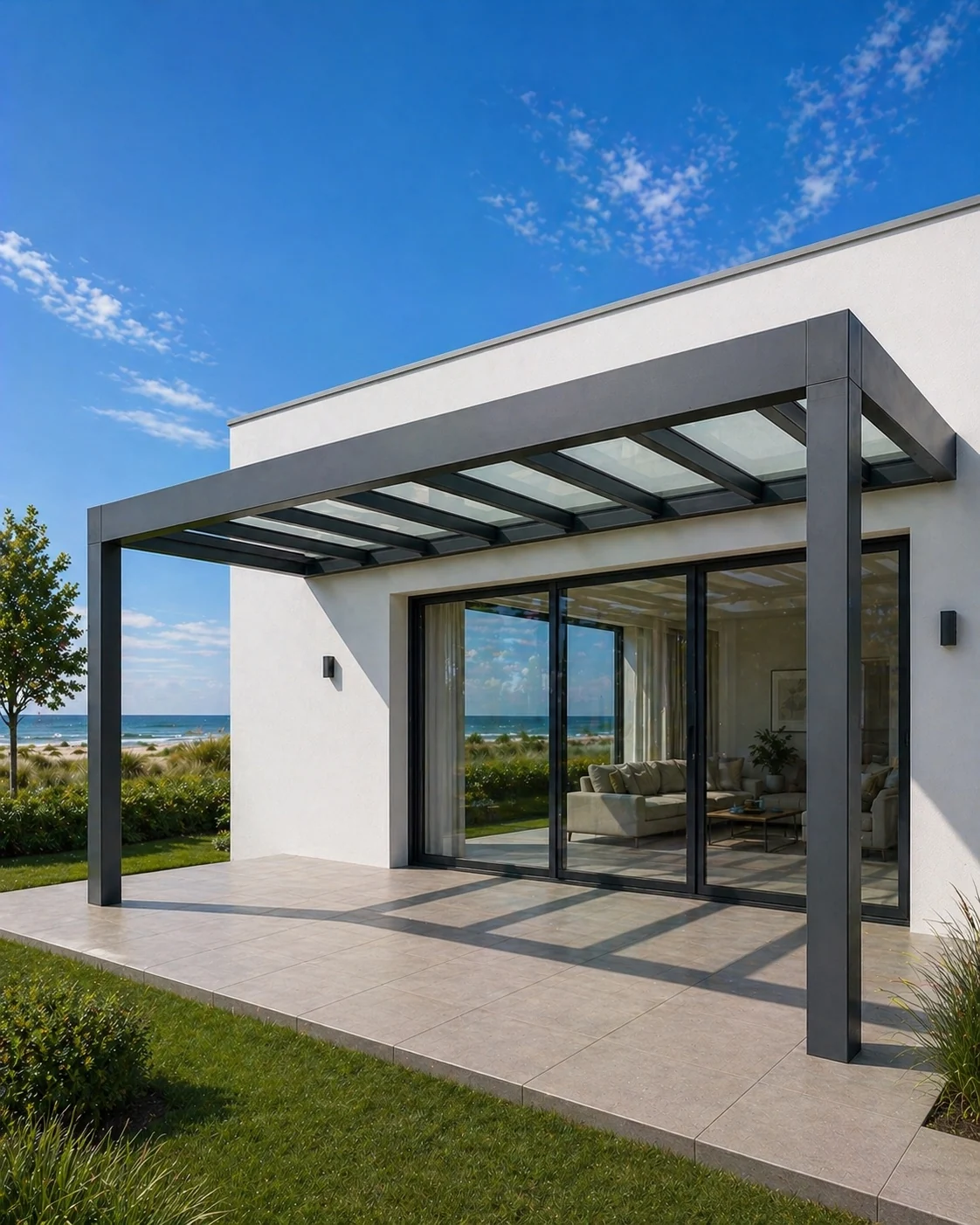 Anbau Flachdach-Terrassenüberdachung aus Aluminium am Haus im Saarland