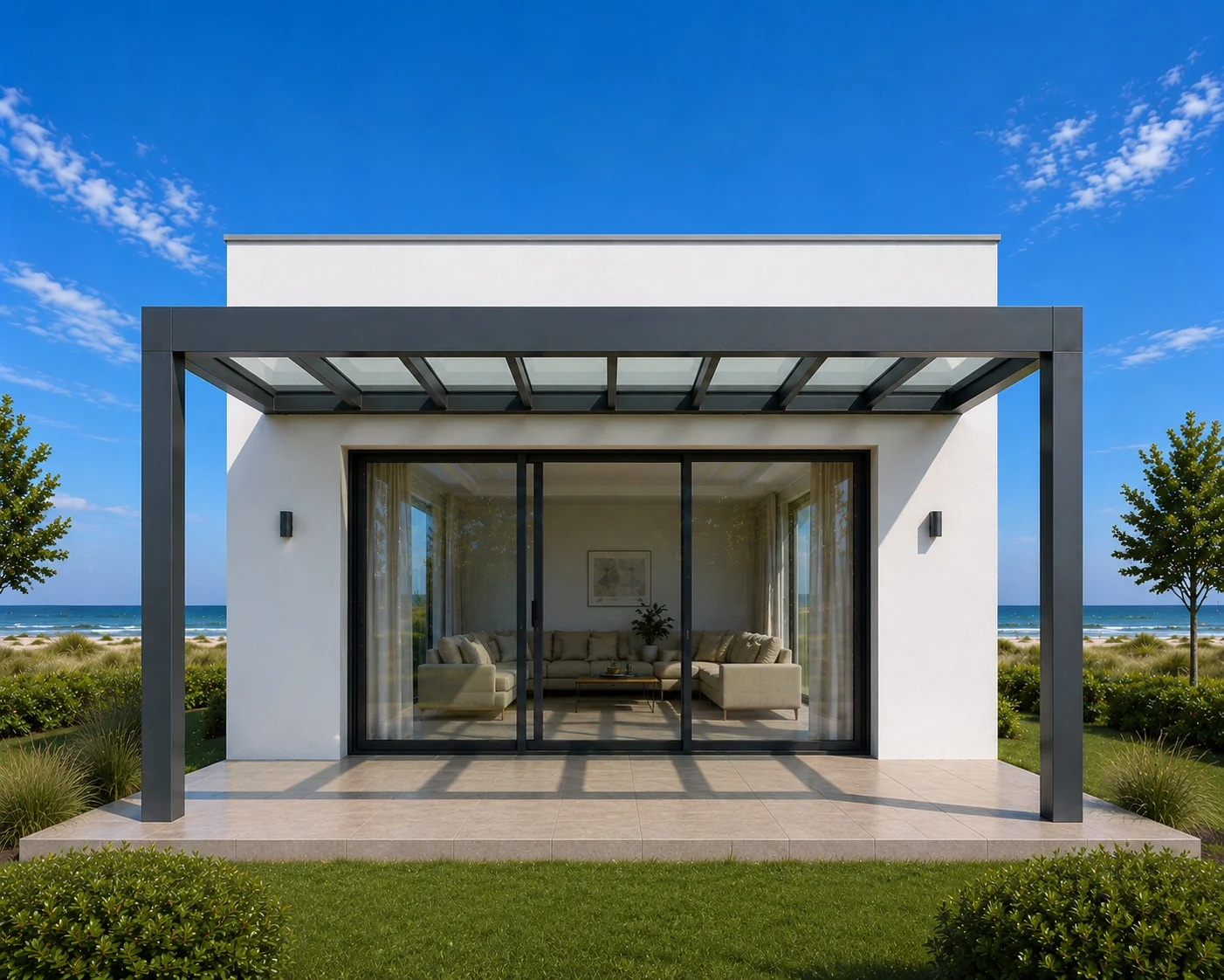 Moderne Flachdach-Terrassenüberdachung aus Aluminium mit Glas im Saarland